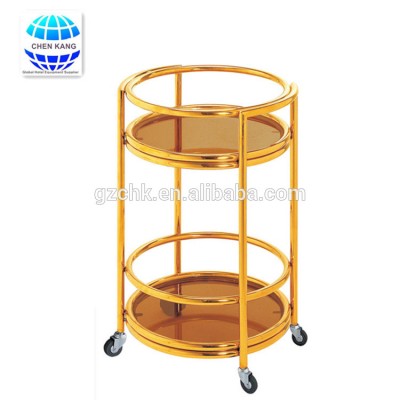 Golden painted 2 tier round service cart/service trolley for restaurant use